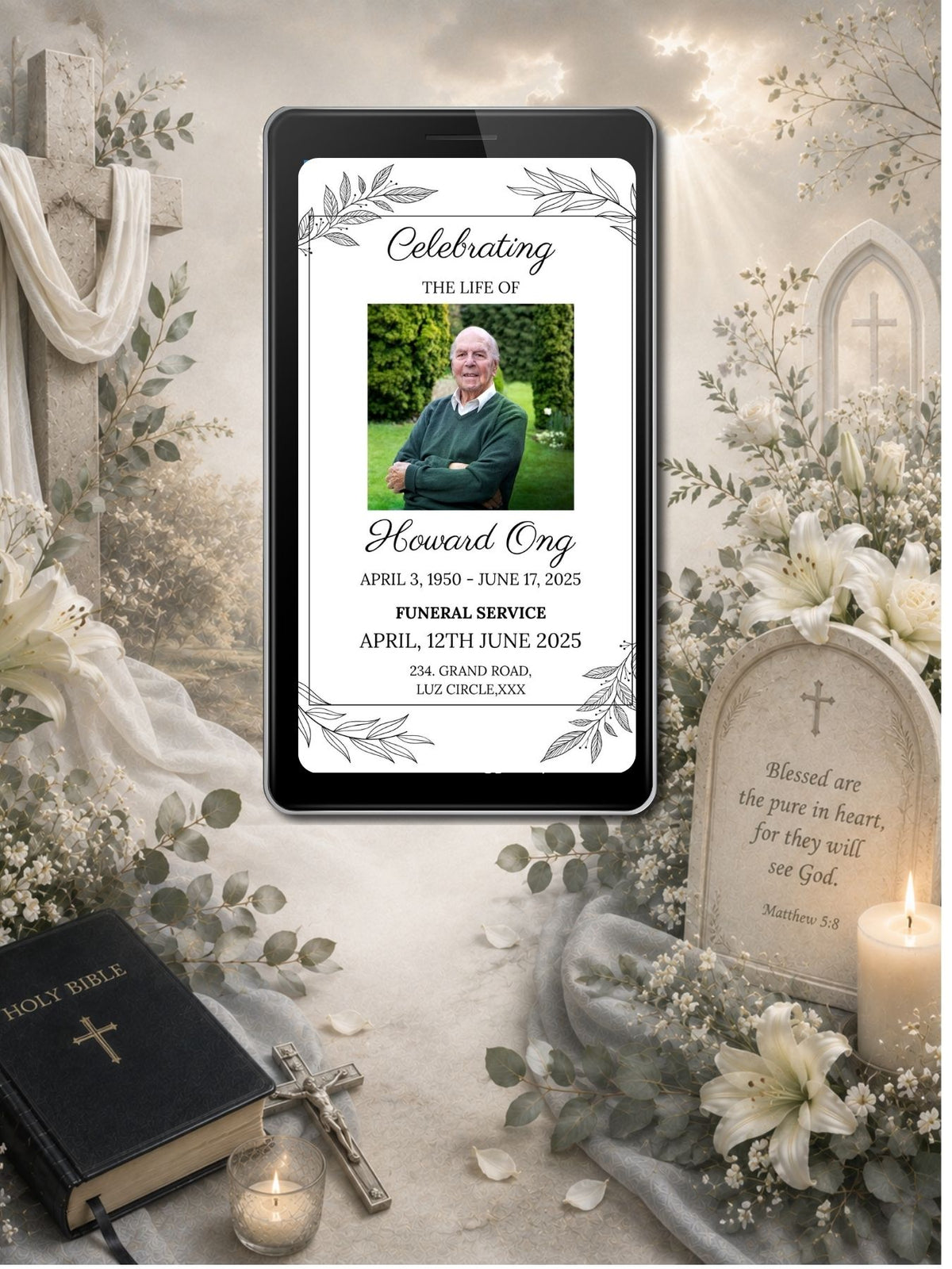 White Minimalist Line Art Leaf Funeral Service Video Invitation | Editable Canva Template | Celebrating the Life Of | Elegant Border Photo Invite | Instant Download