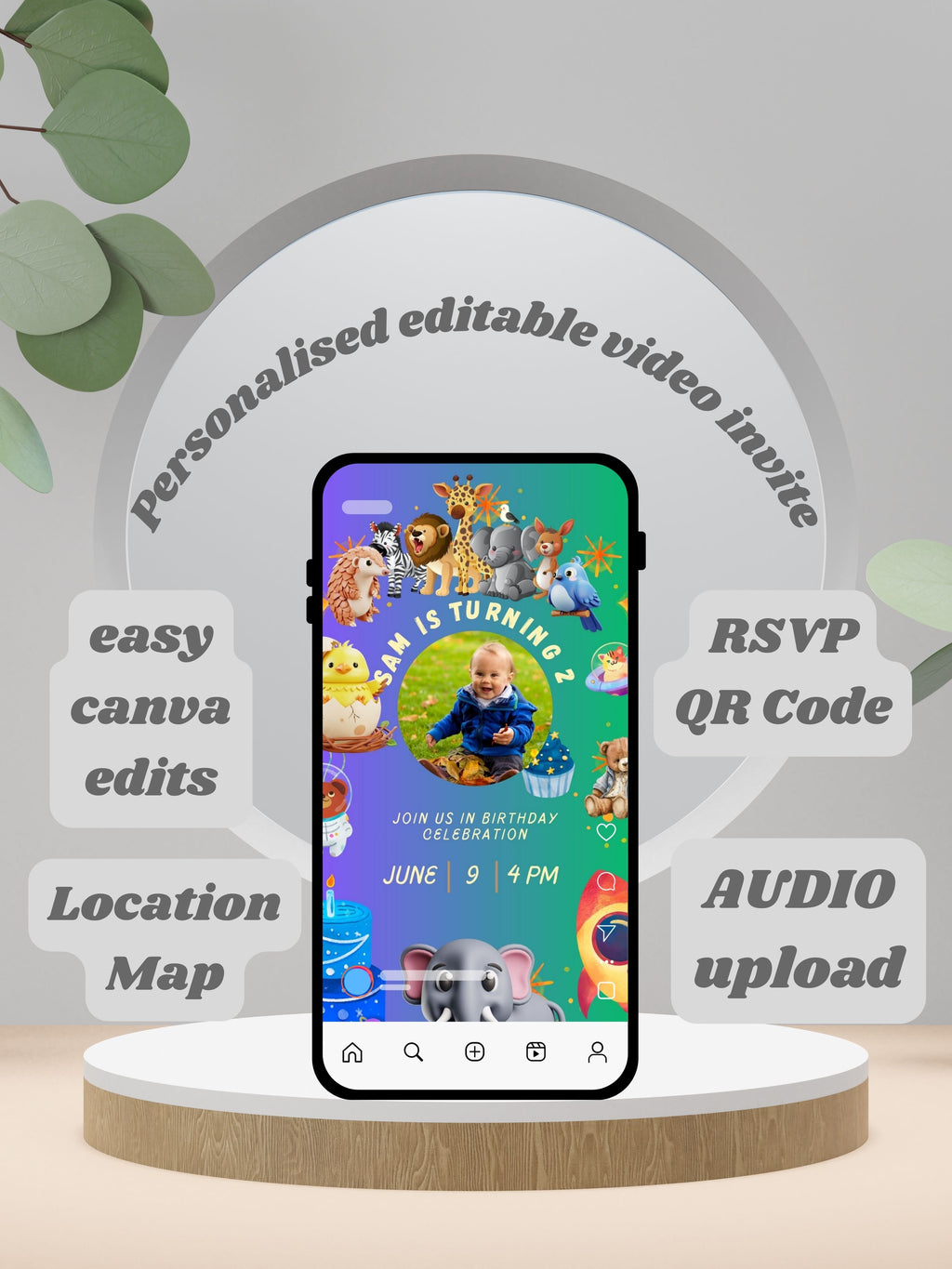 commercial use ANIMAL THEME Birthday Invitation Video | Editable Canva pro Template | Kids Party Invite | ki33c