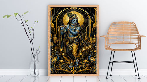 Art Deco Krishna Wall Art Printable | Black Teal Gold Bansuri Peacock Full Fan Mandala Arch Temple | Luxury Hindu Spiritual Decor Poster Gift