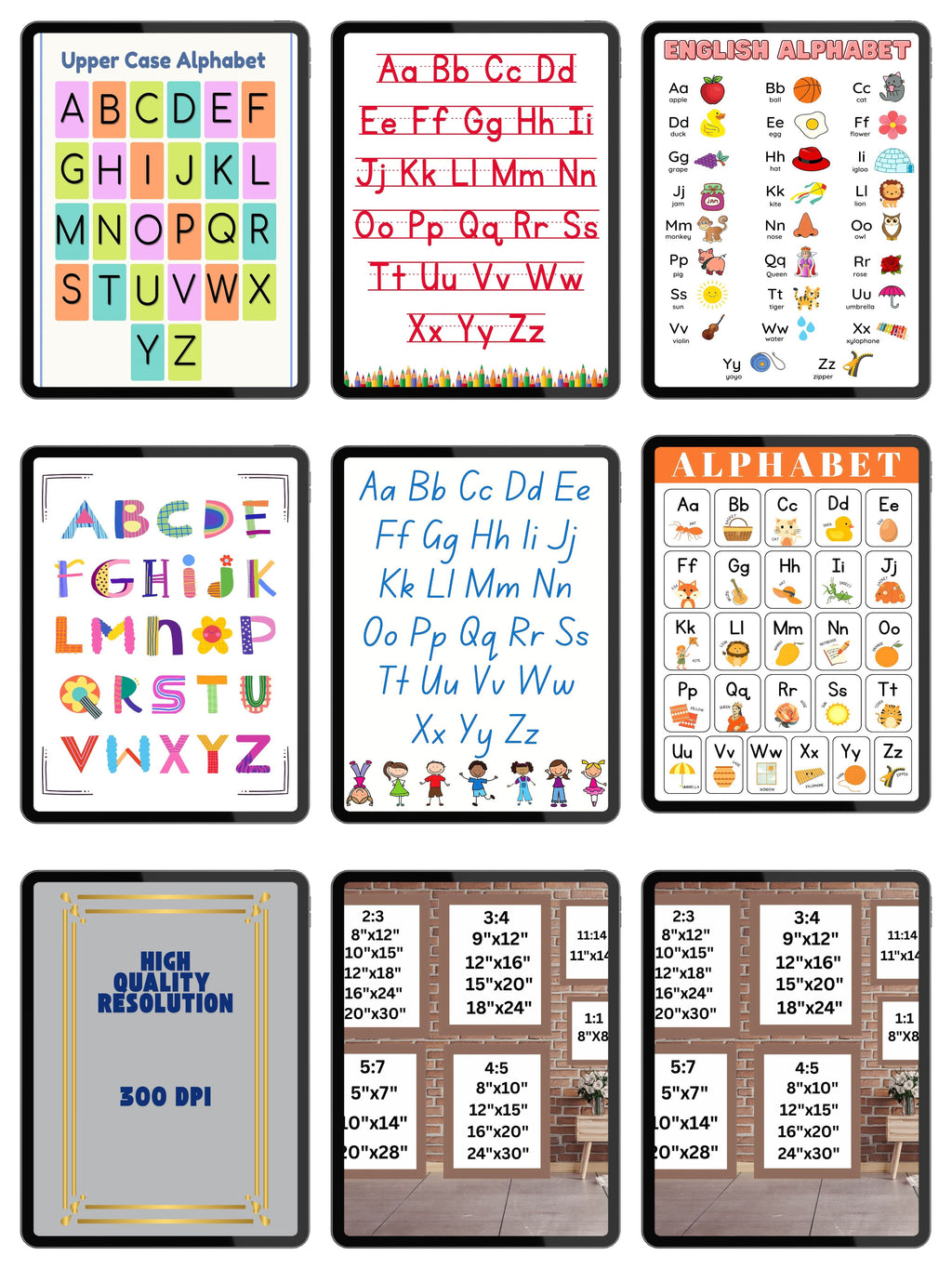 Commercial Use bundle of 15 designs in 11+ sizes,Alphabet Wall Art Printable, ABC Learning Poster, Kids Educational Decor, Nursery Wall Art, Preschool Classroom Print |ke1c