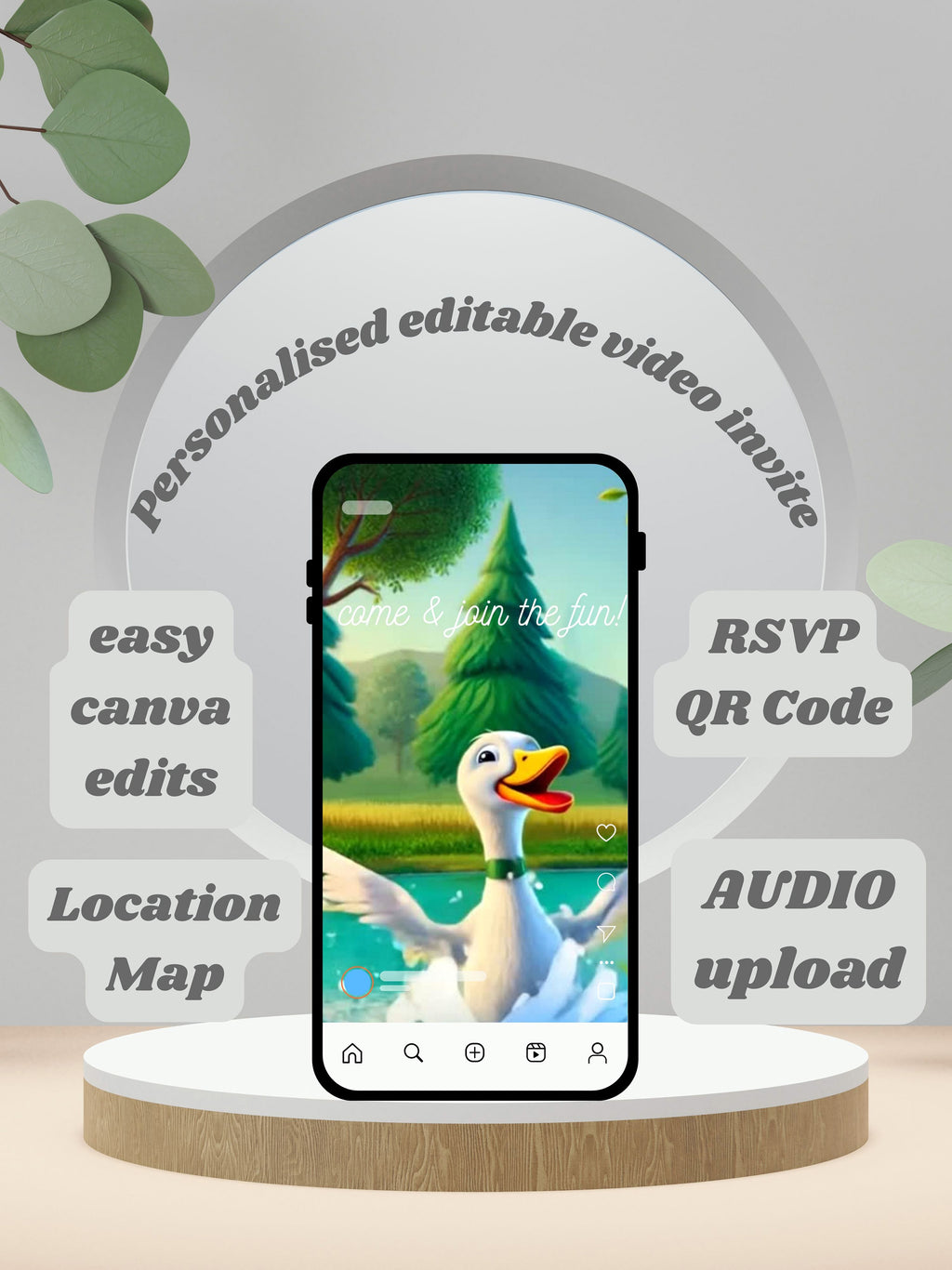 Cartoon Duck Birthday Invitation Video | Editable Canva Template | Swan Bird Party Kids Invite | Instant Download