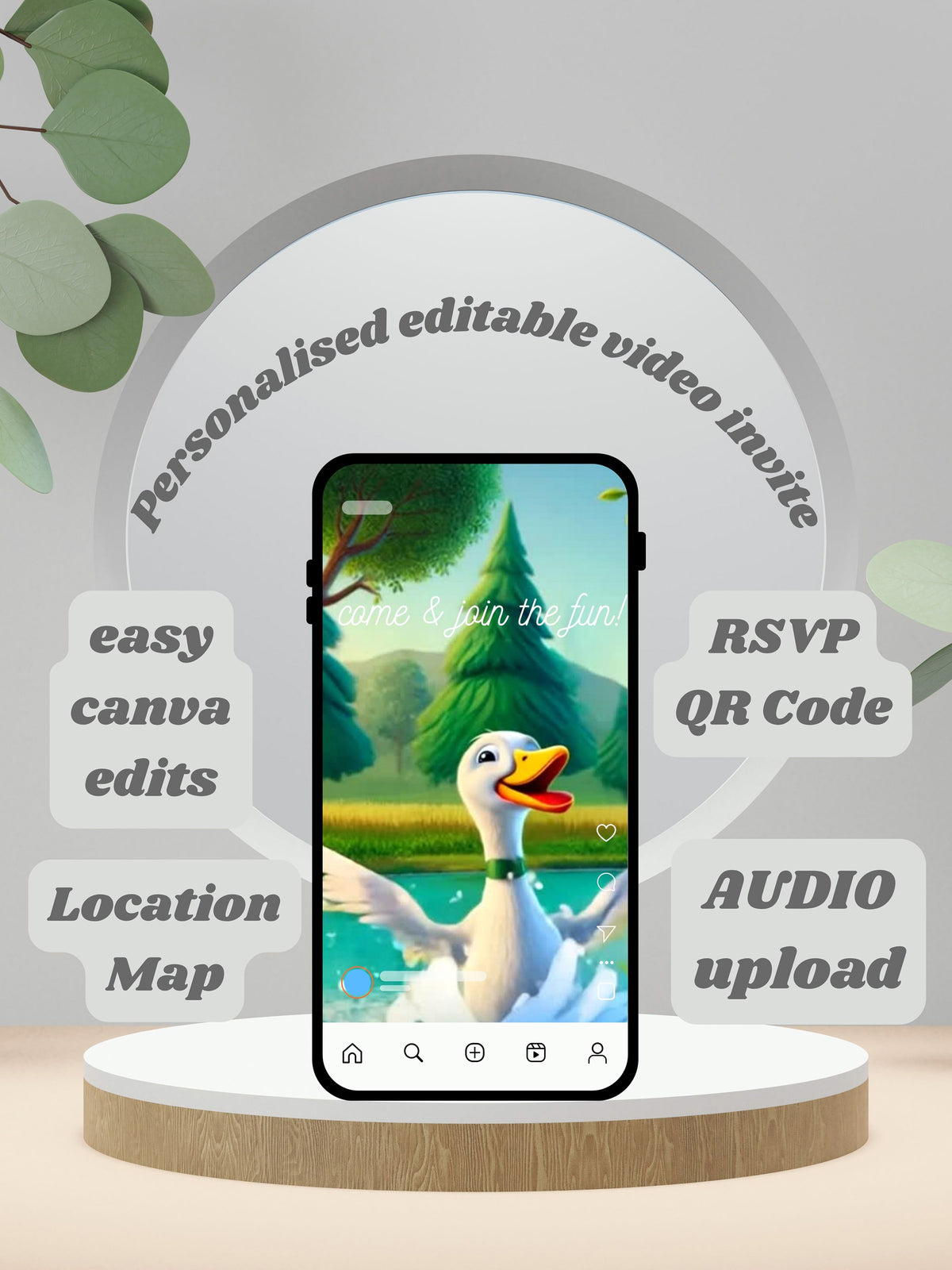Cartoon Duck Birthday Invitation Video | Editable Canva Template | Swan Bird Party Kids Invite | Instant Download