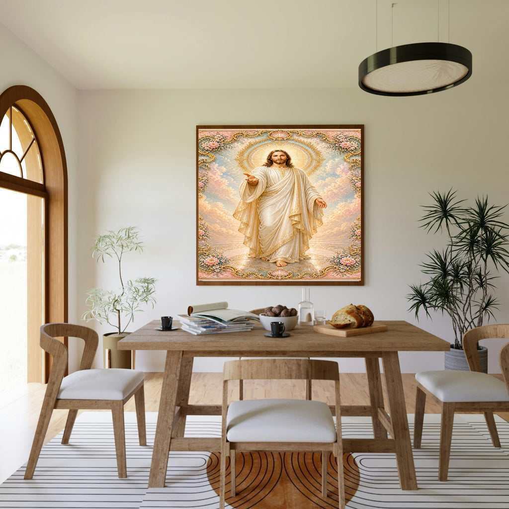 Jesus Walking Toward You Wall Art Printable | Full Body Approaching Portrait Baroque Gold Floral Frame Peach Cloud Sky Reflective Floor | Christian Faith Come Follow Me Decor