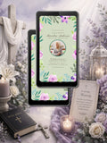 Sage Green Purple Lavender Watercolour Floral Memorial Service Video Invitation | Editable Canva Template | In Loving Memory Of | Circular Photo Frame | Instant Download