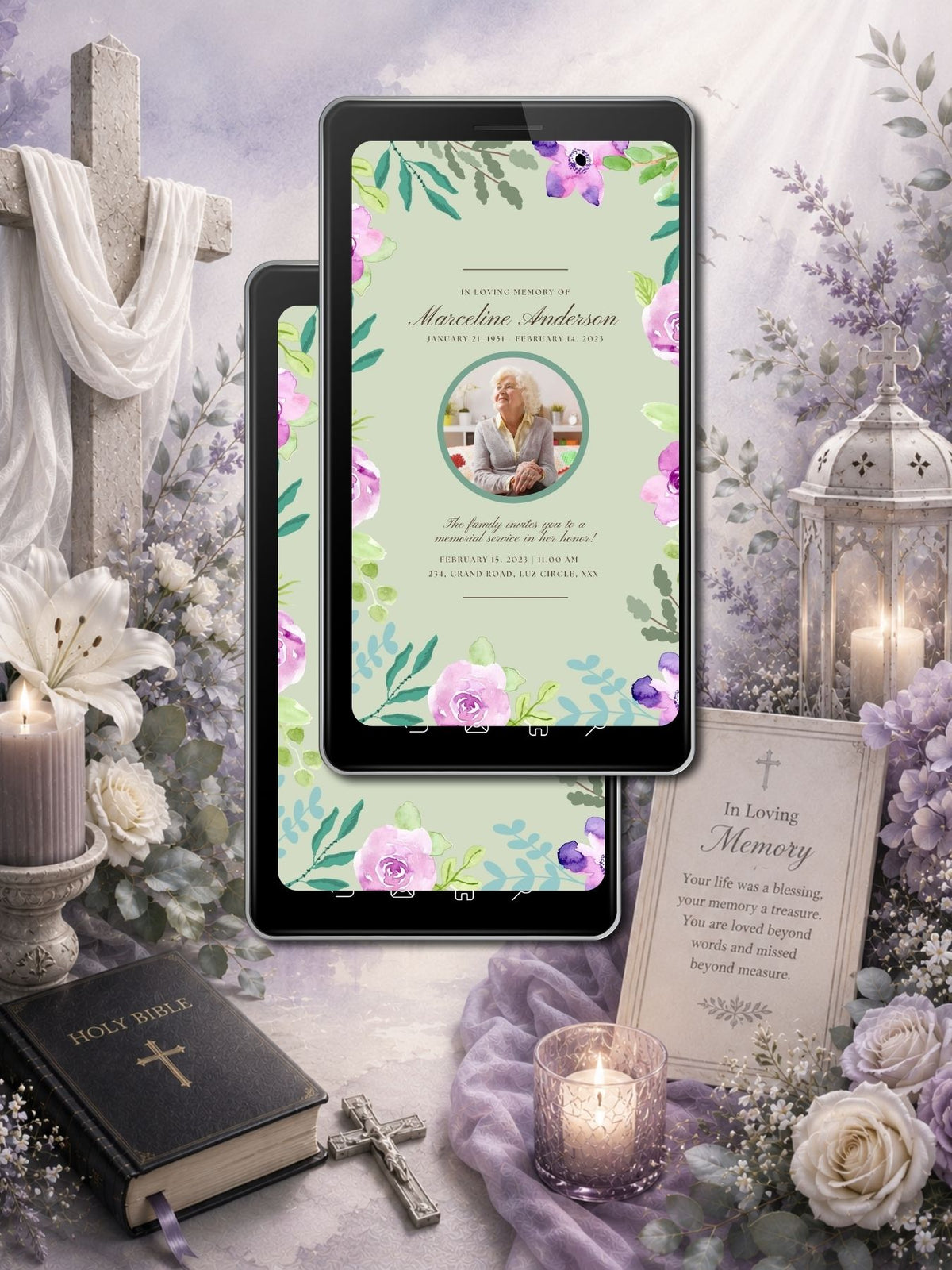 Sage Green Purple Lavender Watercolour Floral Memorial Service Video Invitation | Editable Canva Template | In Loving Memory Of | Circular Photo Frame | Instant Download