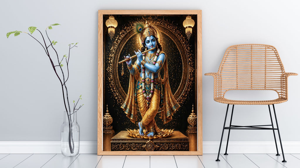Lord Krishna Wall Art Printable | Krishna Playing Flute Blue Skin Peacock Feather Crown Gold Regalia Lotus Pedestal Dark Mandala Temple | Hindu Pooja Room Spiritual Decor Gift