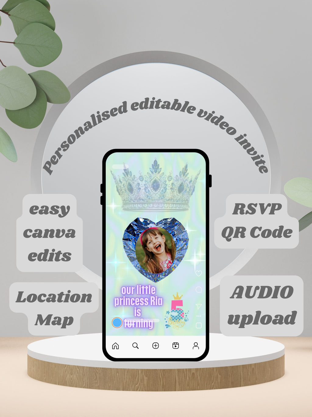commercial use PRINCESS kids Birthday Invitation Video | Editable Canva pro Template | Kids Party Invite| ki55c