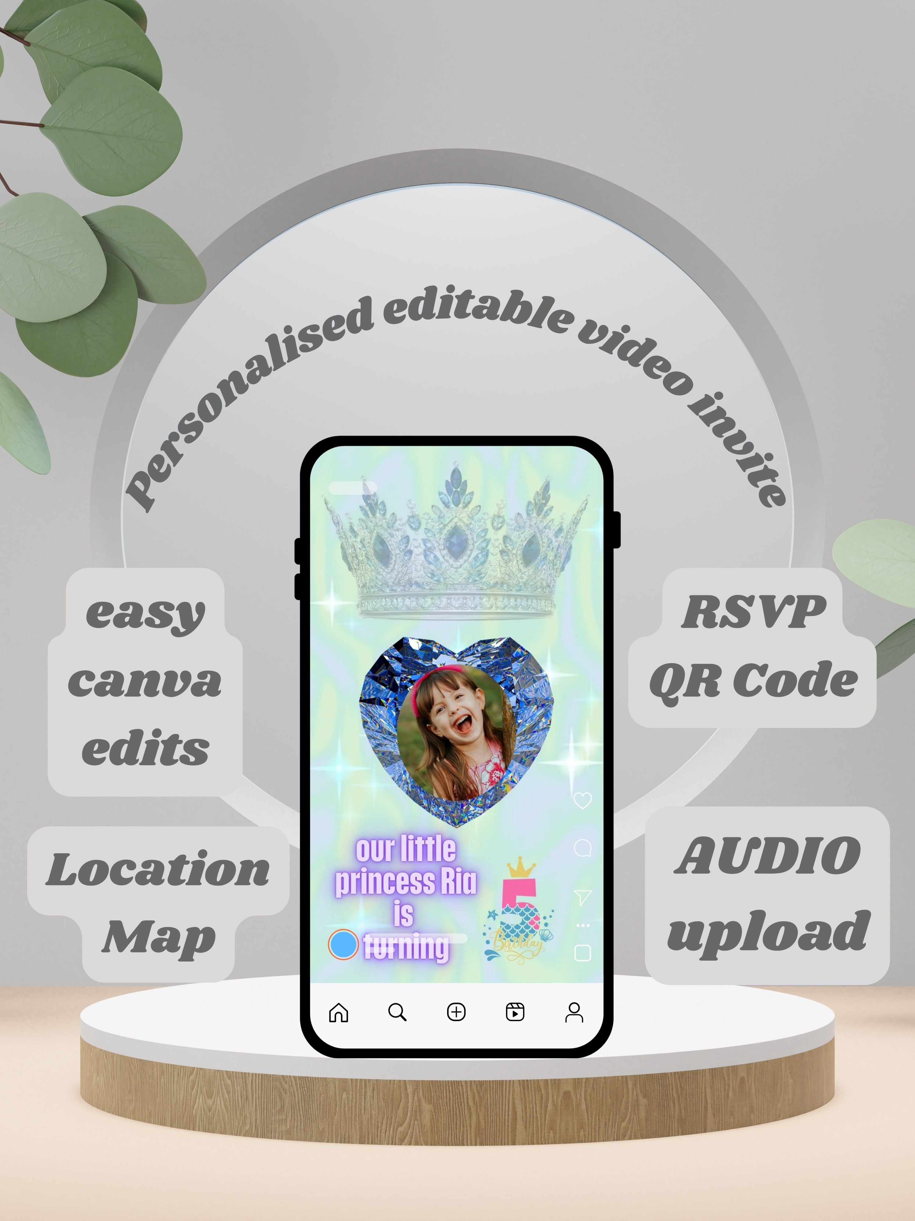 commercial use PRINCESS kids Birthday Invitation Video | Editable Canva pro Template | Kids Party Invite| ki55c