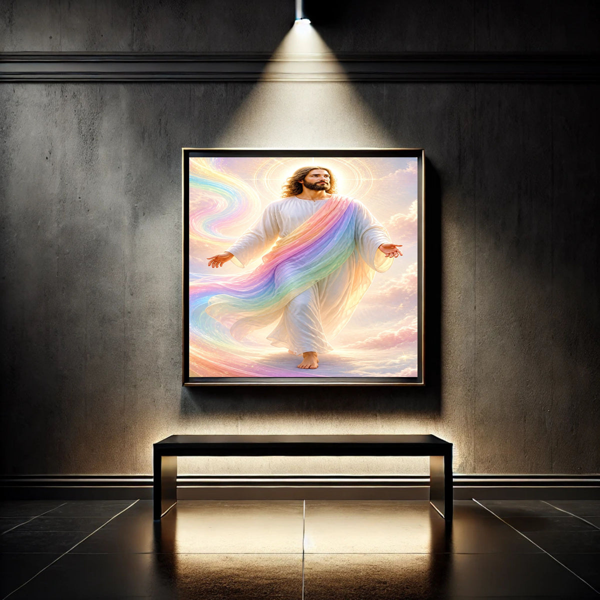 Jesus Rainbow Covenant Wall Art Printable | Iridescent Rainbow Mantle Pastel Cloud Upward Gaze Print | Hope Promise Dreamy Nursery Christian Decor