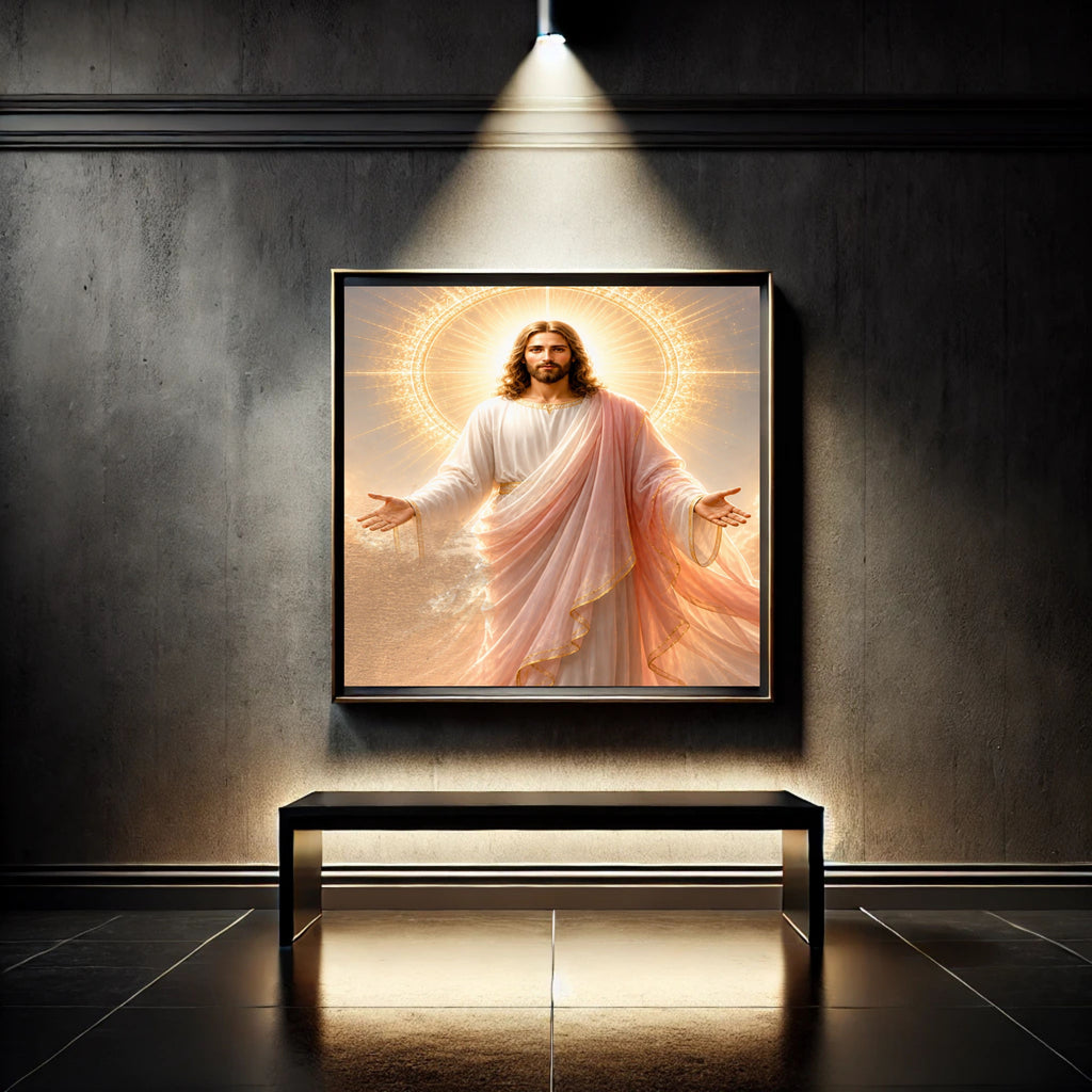 Jesus Light of the World Wall Art Printable | Smiling Direct Gaze Sunburst Cross Halo Print | Peach Mantle Gold Trim Divine Mercy Sacred Heart Decor