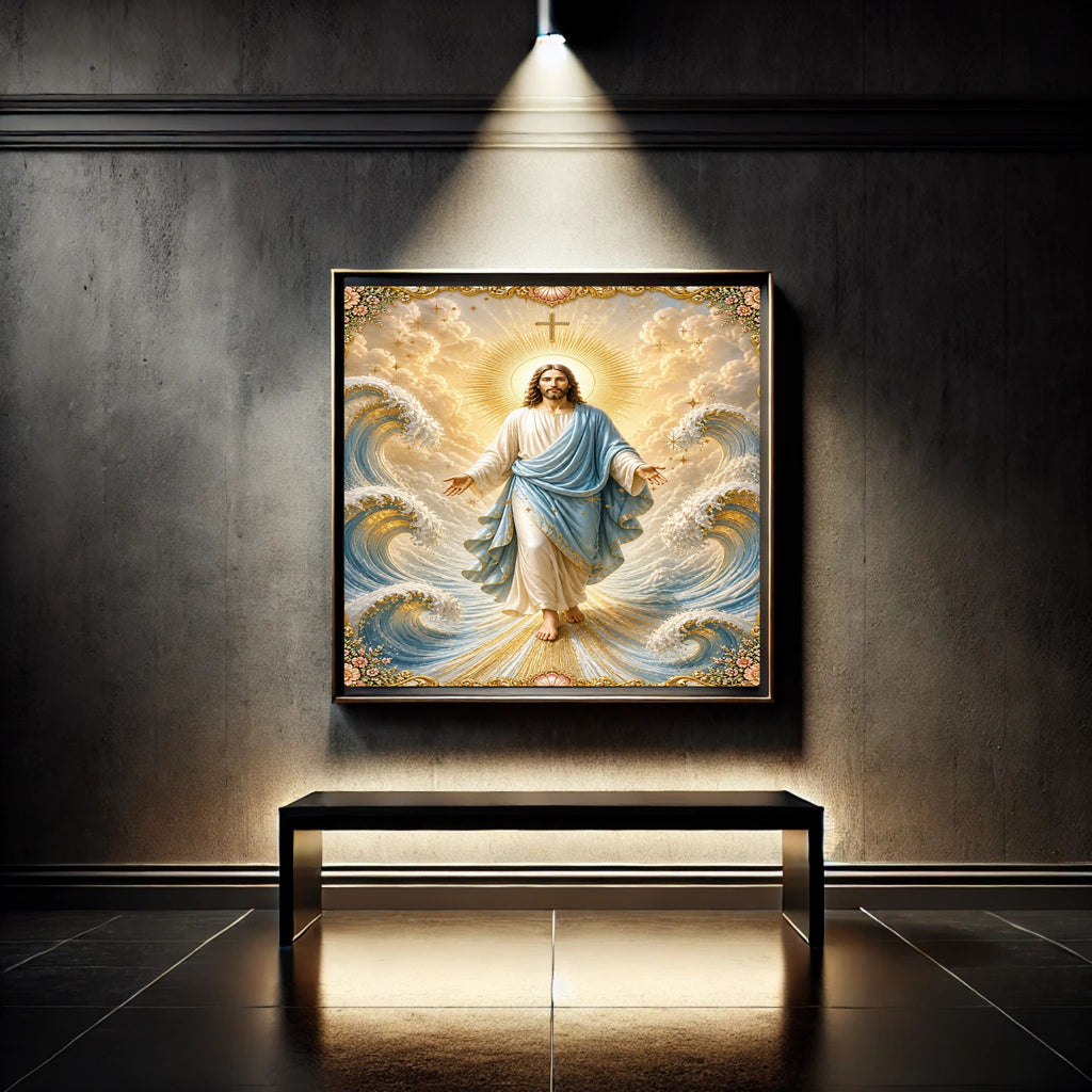Jesus Lord of the Waves Wall Art Printable | Sky-Blue Mantle Parting Ocean Baroque Gold Border Seashell Frame Print | Sovereign over Storms Christian Coastal Faith Decor