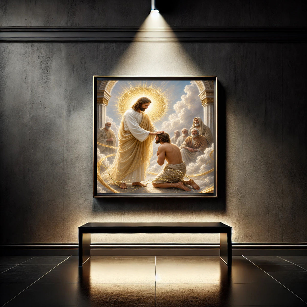 Jesus Blessing Kneeling Man Wall Art Printable | Laying on of Hands Divine Ordination Healing Touch Gold Arch Throne Room Print | Christian Faith Spiritual Gift Decor