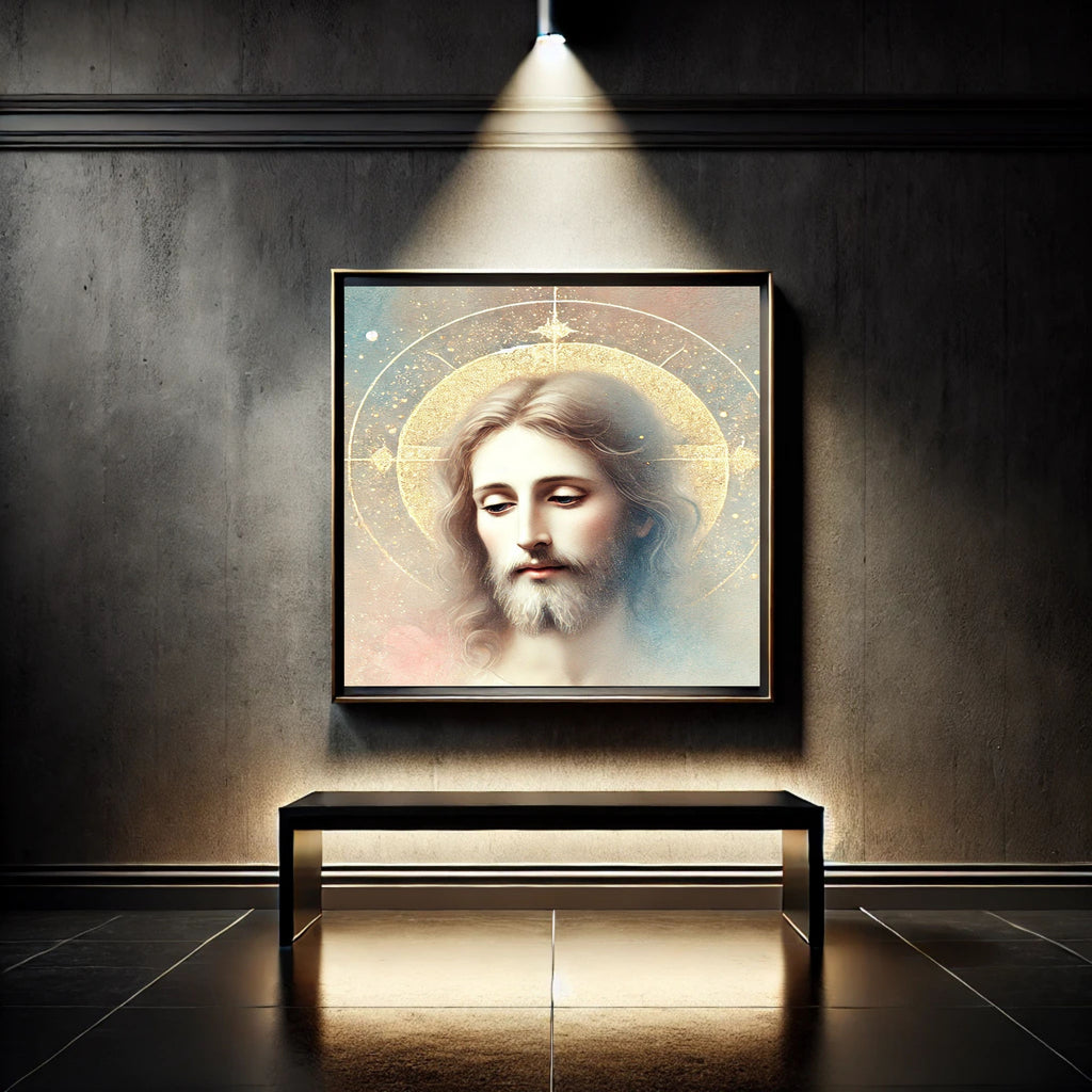 Jesus Face Portrait Wall Art Printable | Close Up Contemplative Jesus Pastel Watercolour Gold Oval Halo Four-Point Star | Christian Peaceful Face Devotional Decor Gift