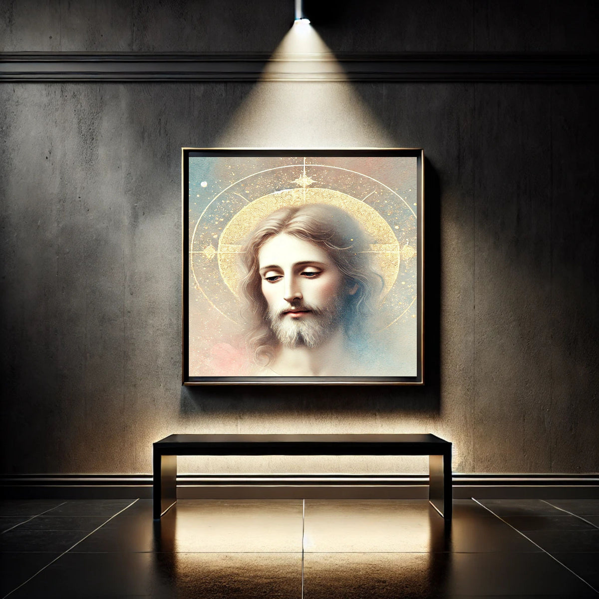 Jesus Face Portrait Wall Art Printable | Close Up Contemplative Jesus Pastel Watercolour Gold Oval Halo Four-Point Star | Christian Peaceful Face Devotional Decor Gift