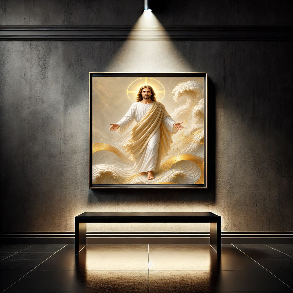 Jesus Walking on Water Wall Art Printable | Lord of the Storm Peace Be Still Cream Gold Waves Print | Circular Cross Halo Ocean Faith Christian Decor