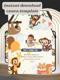 Animal Theme Birthday Invitation Video Canva | Jungle Safari Monkey Sloth Cartoon Ron Turning Four Grand Road Luz Circle | RSVP Gold Balloon | Commercial Use Licence