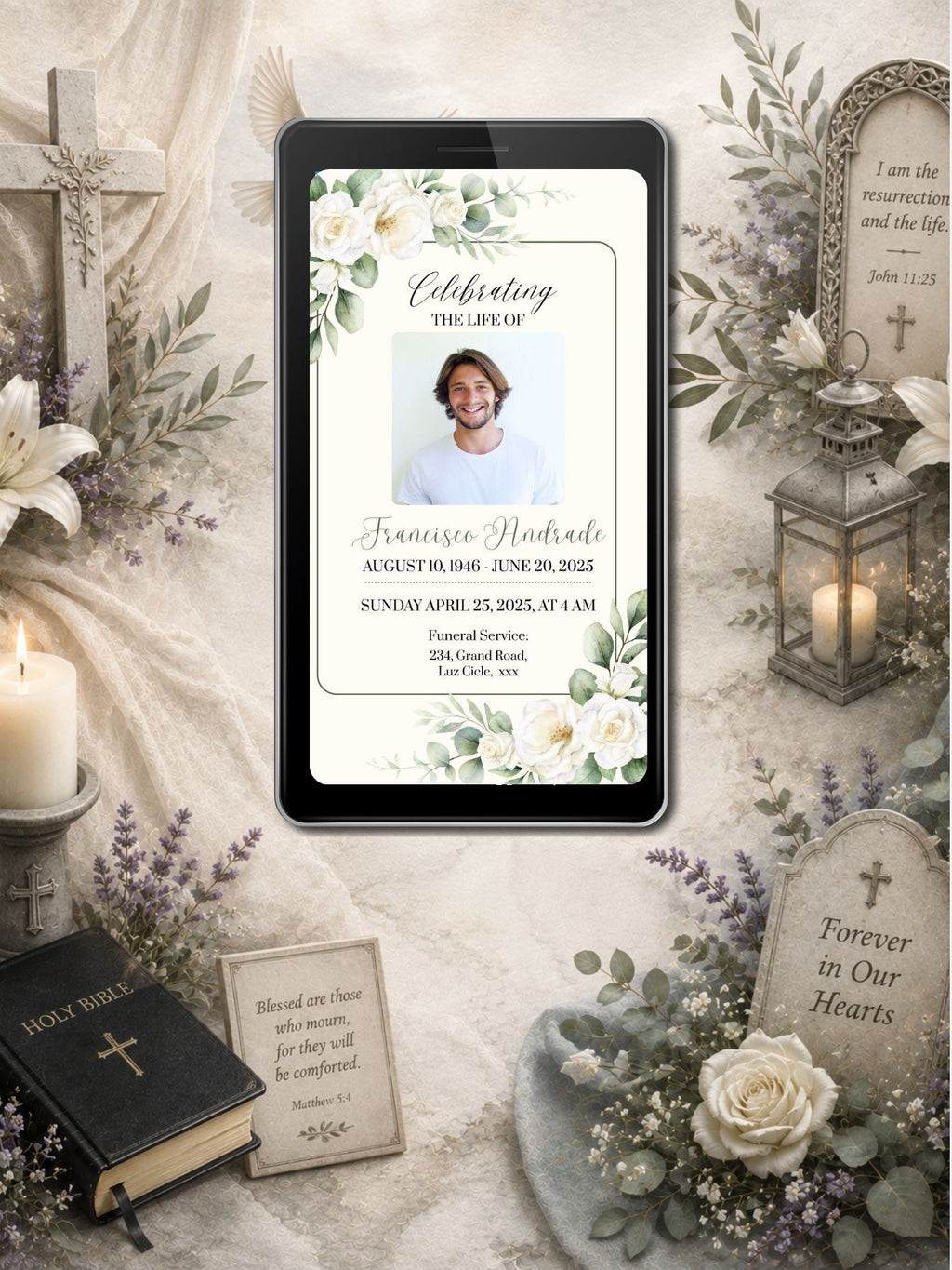 Cream Sage Greenery Funeral Service Video Invitation | Editable Canva Template | Celebrating the Life Of | Botanical Photo Invite | Instant Download