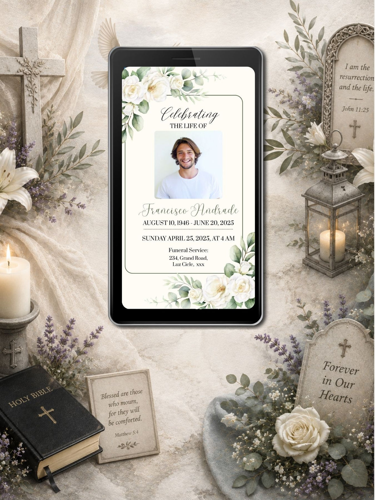 Cream Sage Greenery Funeral Service Video Invitation | Editable Canva Template | Celebrating the Life Of | Botanical Photo Invite | Instant Download