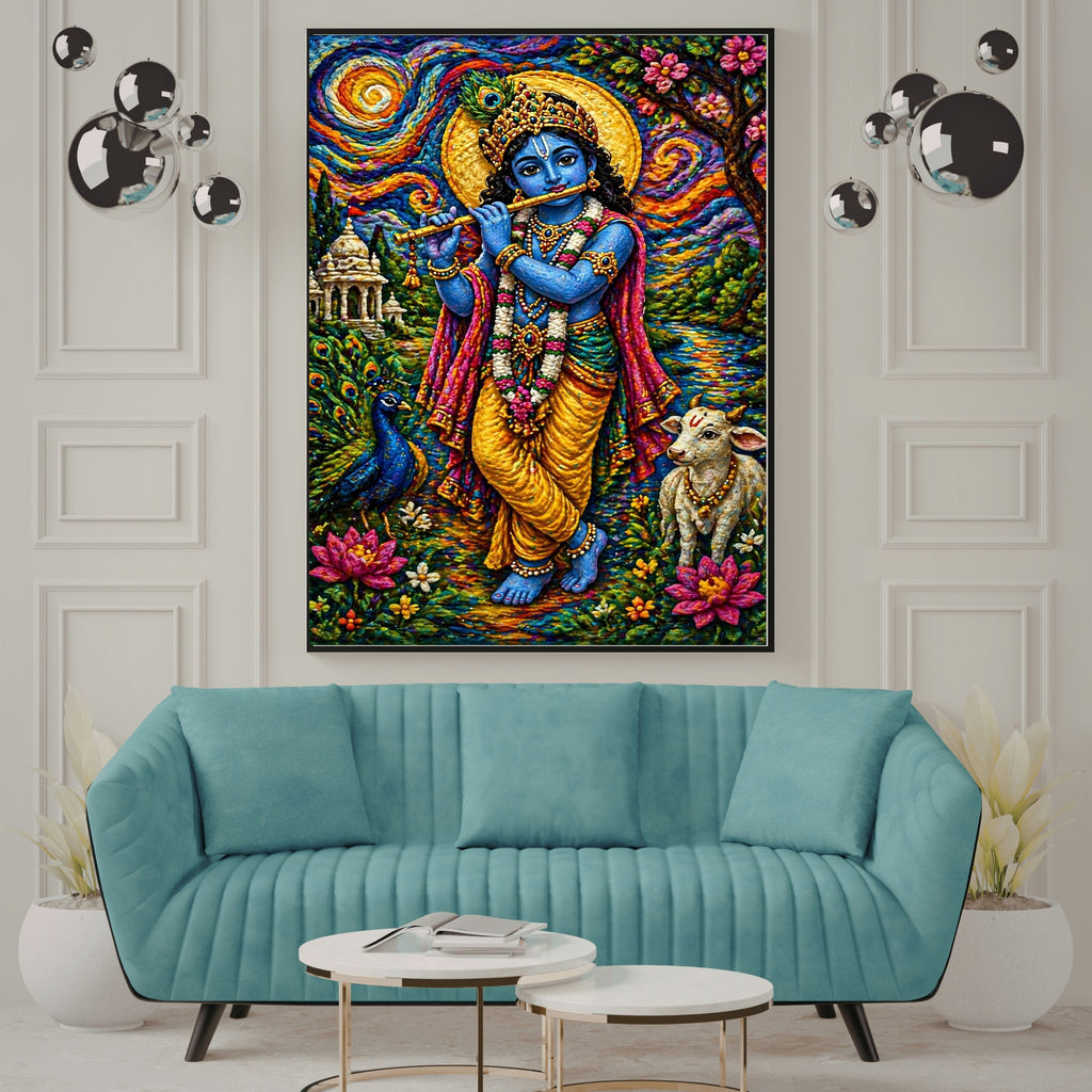 Lord Krishna Embossed Textile Wall Art Commercial Use Bundle | Wool Felt 3D Fibre Art Bansuri Flute Peacock Calf Starry Night Swirling Sky Garden Temple | Hindu Folk Art POD Etsy Resell License