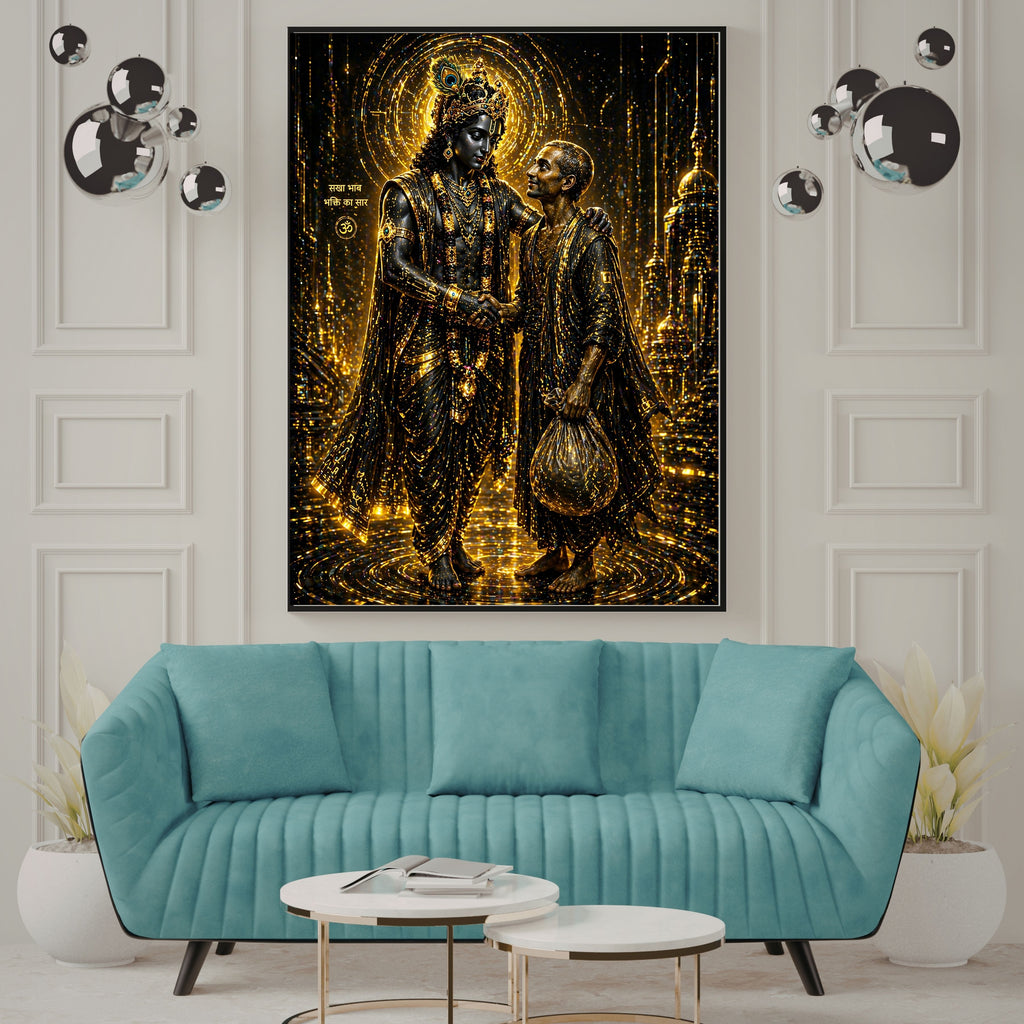Dark Krishna Sudama Wall Art Printable | Black Gold Luxury Friendship Handshake Sanskrit Sakha Bhav Halo Temple Night | Hindu Spiritual Decor Friendship Gift