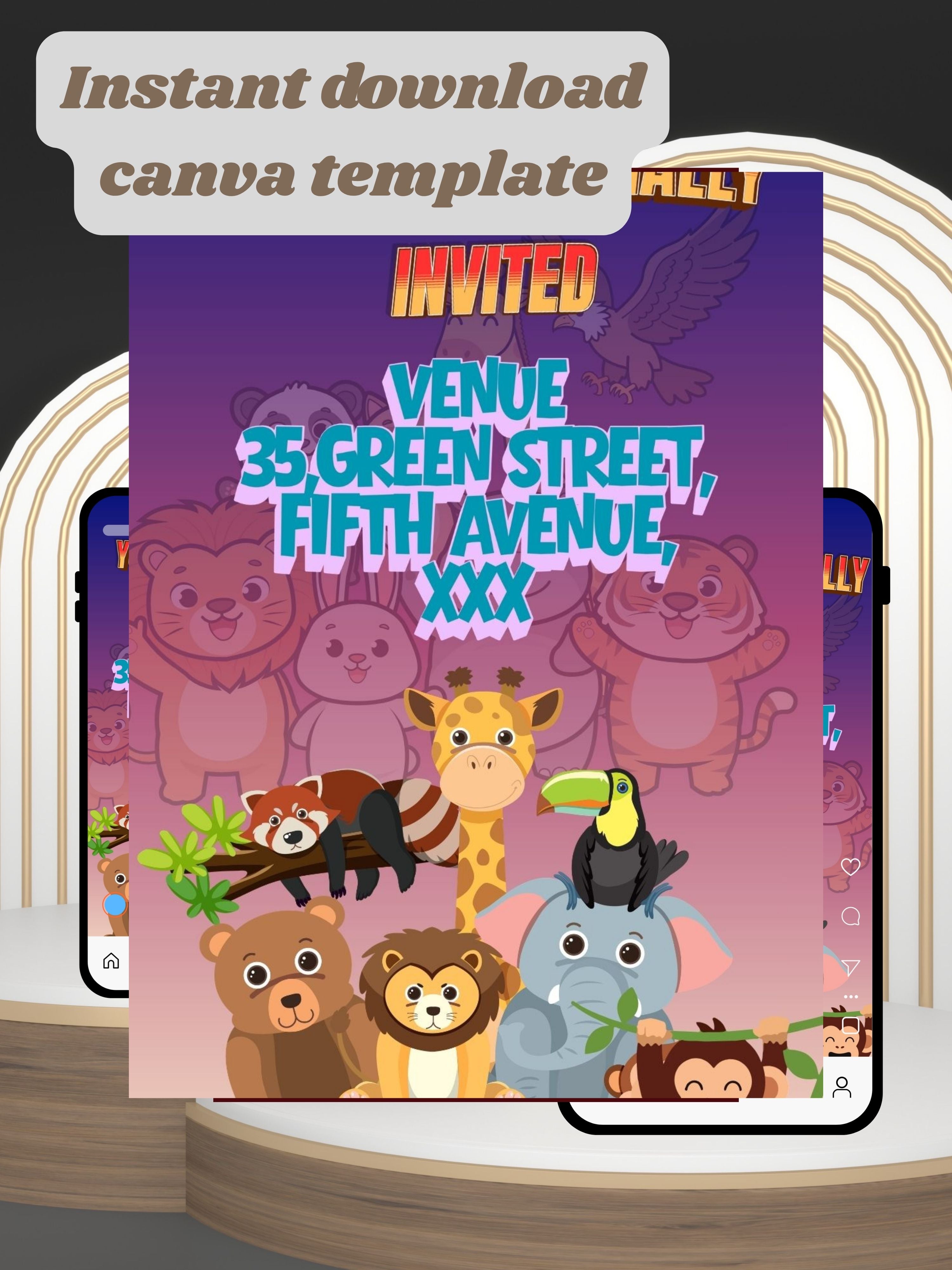commercial use ANIMAL THEME Birthday Invitation Video | Editable Canva pro Template | Kids Party Invite | ki32c