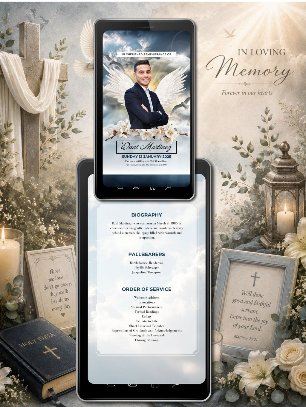 Angel Wings Sky Memorial Service Program Video | Order of Service | In Cherished Remembrance Of | Biography Pallbearers Eulogy | Editable Canva Template | Instant Download