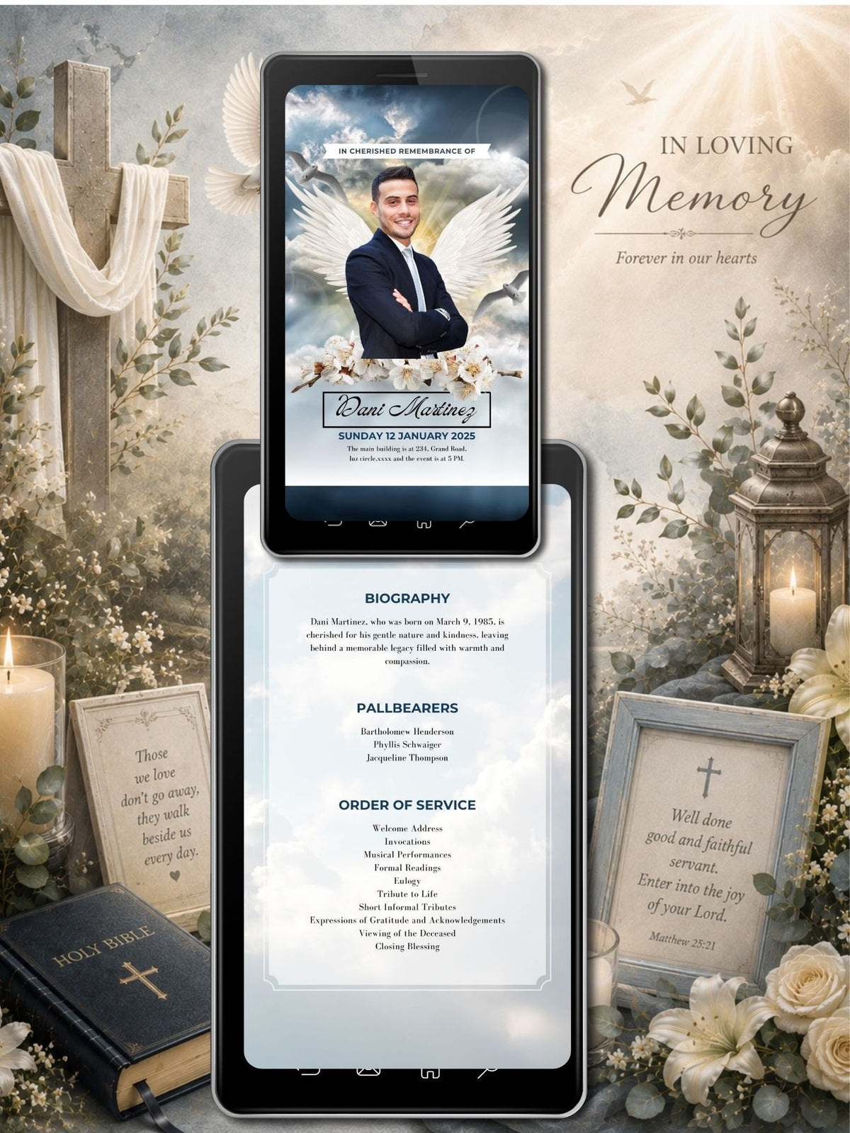 Angel Wings Sky Memorial Service Program Video | Order of Service | In Cherished Remembrance Of | Biography Pallbearers Eulogy | Editable Canva Template | Instant Download