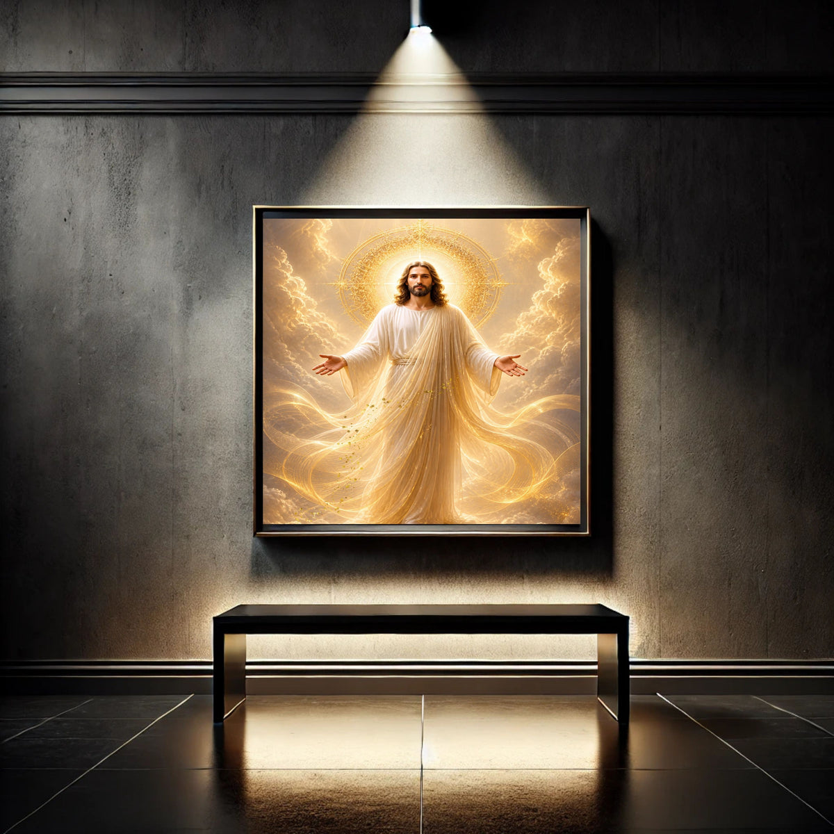 Jesus King of Glory Wall Art Printable | Heavenly Throne Room Ascended Christ Filigree Crown Halo Print | Gold Veil Mantle Blessing Hands Royal Heaven Decor