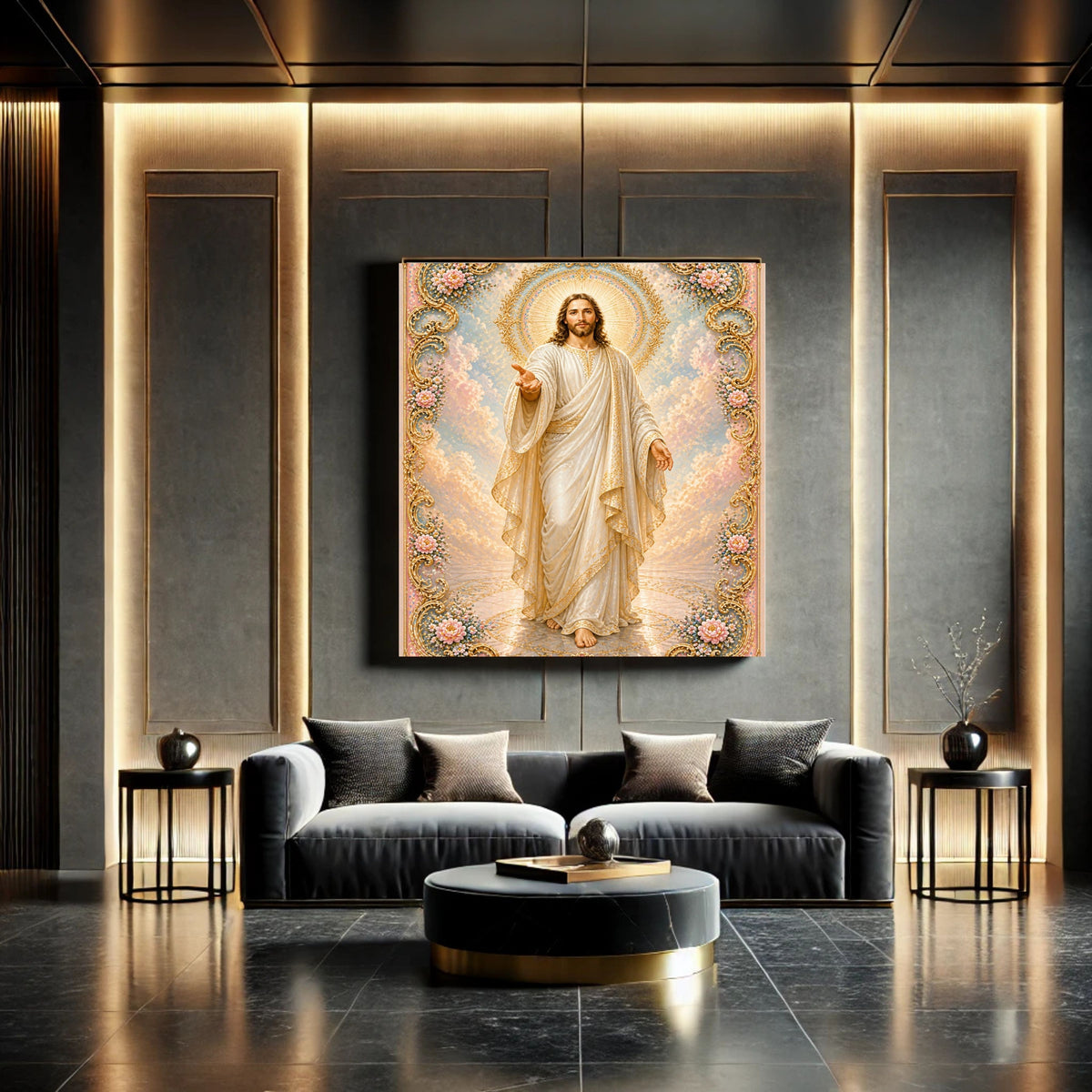 Jesus Walking Toward You Wall Art Printable | Full Body Approaching Portrait Baroque Gold Floral Frame Peach Cloud Sky Reflective Floor | Christian Faith Come Follow Me Decor