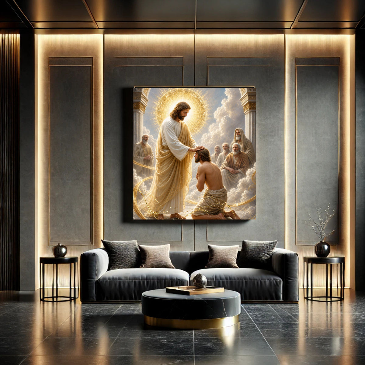 Jesus Blessing Kneeling Man Wall Art Printable | Laying on of Hands Divine Ordination Healing Touch Gold Arch Throne Room Print | Christian Faith Spiritual Gift Decor