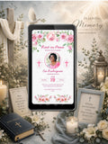 Rest in Peace Pink Roses Cross Memorial Service Video Invitation | Gone But Never Forgotten | Circular Photo | Editable Canva Template | Instant Download
