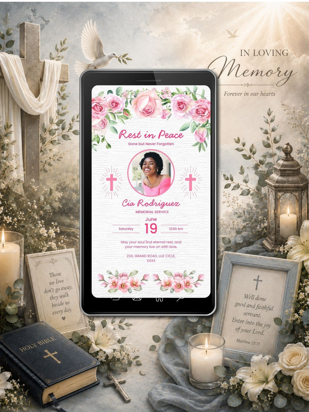Rest in Peace Pink Roses Cross Memorial Service Video Invitation | Gone But Never Forgotten | Circular Photo | Editable Canva Template | Instant Download