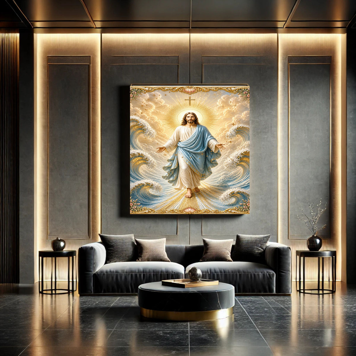 Jesus Lord of the Waves Wall Art Printable | Sky-Blue Mantle Parting Ocean Baroque Gold Border Seashell Frame Print | Sovereign over Storms Christian Coastal Faith Decor