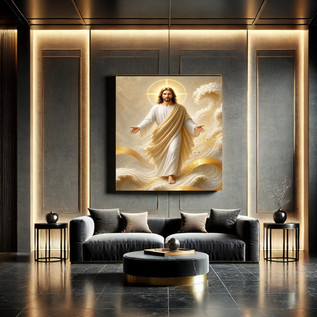 Jesus Walking on Water Wall Art Printable | Lord of the Storm Peace Be Still Cream Gold Waves Print | Circular Cross Halo Ocean Faith Christian Decor