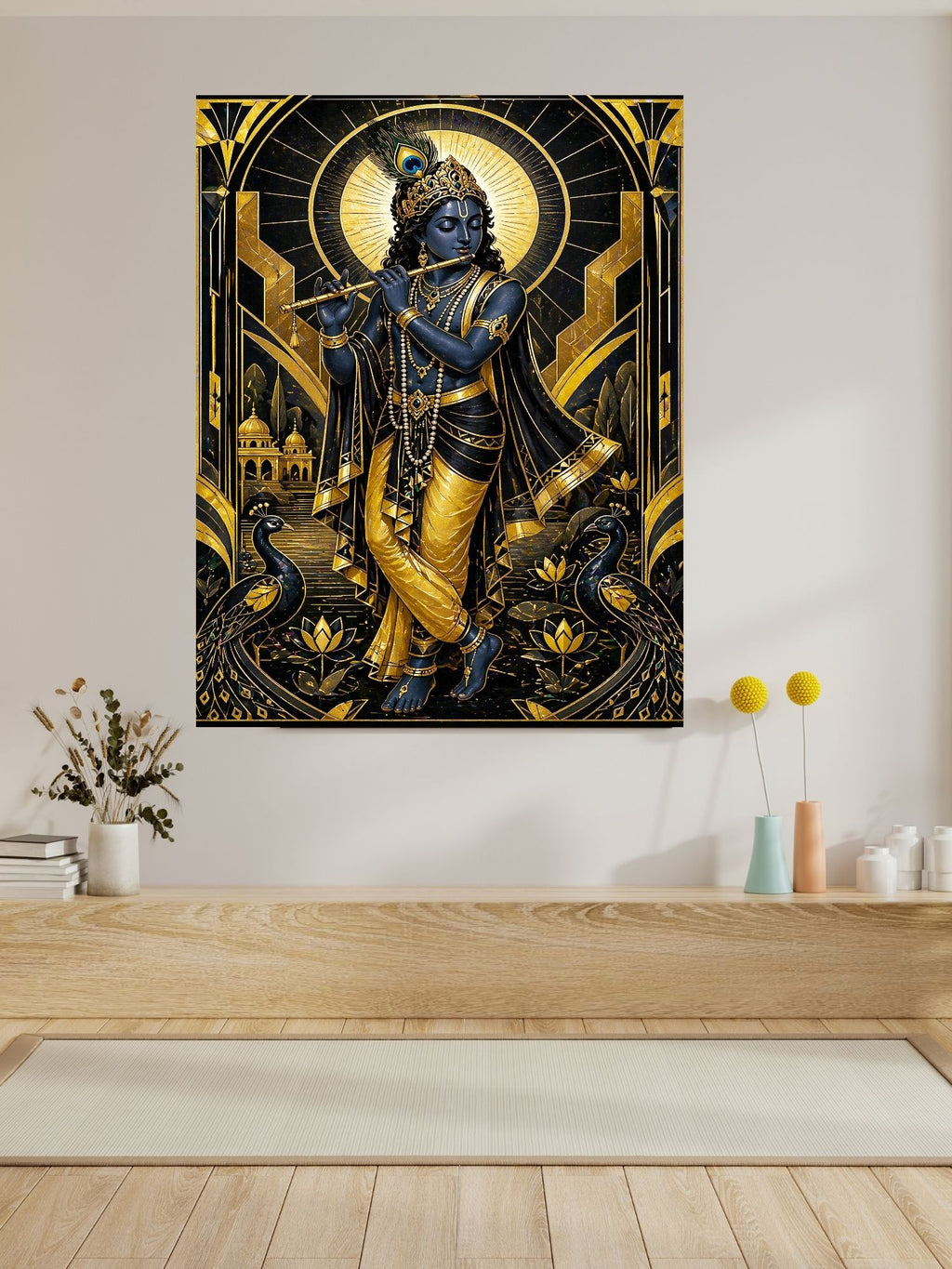 Art Deco Krishna Wall Art Printable | Black Gold Luxury Art Deco Bansuri Flute Peacock Lotus Halo Temple Frame | Hindu Spiritual Decor Poster Gift