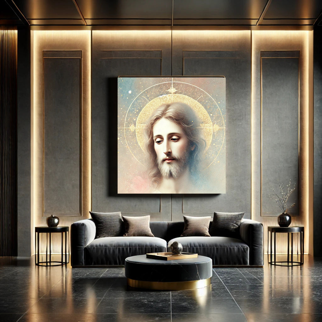 Jesus Face Portrait Wall Art Printable | Close Up Contemplative Jesus Pastel Watercolour Gold Oval Halo Four-Point Star | Christian Peaceful Face Devotional Decor Gift