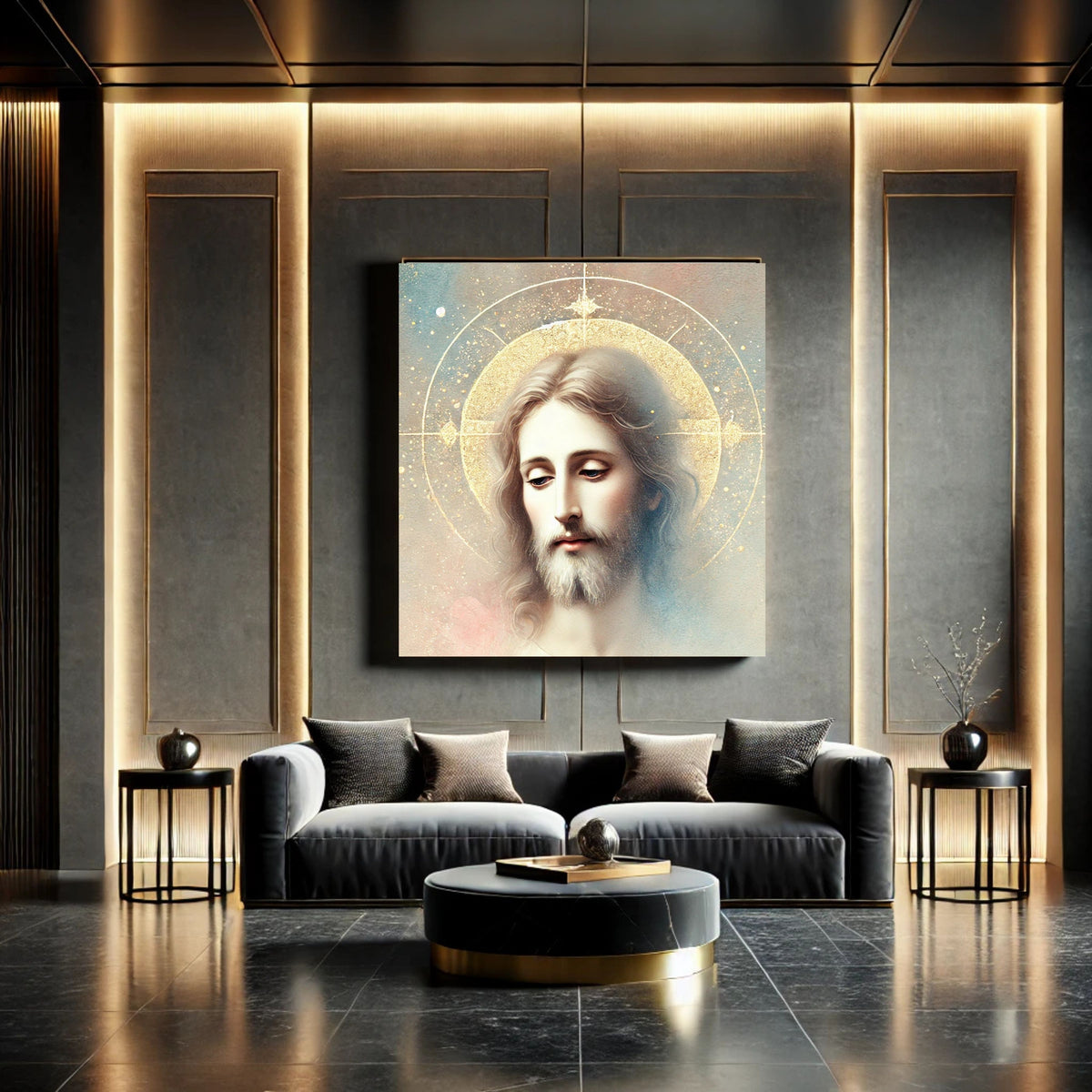 Jesus Face Portrait Wall Art Printable | Close Up Contemplative Jesus Pastel Watercolour Gold Oval Halo Four-Point Star | Christian Peaceful Face Devotional Decor Gift