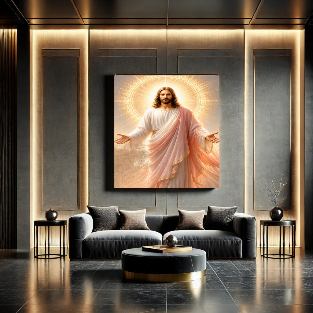 Jesus Light of the World Wall Art Printable | Smiling Direct Gaze Sunburst Cross Halo Print | Peach Mantle Gold Trim Divine Mercy Sacred Heart Decor
