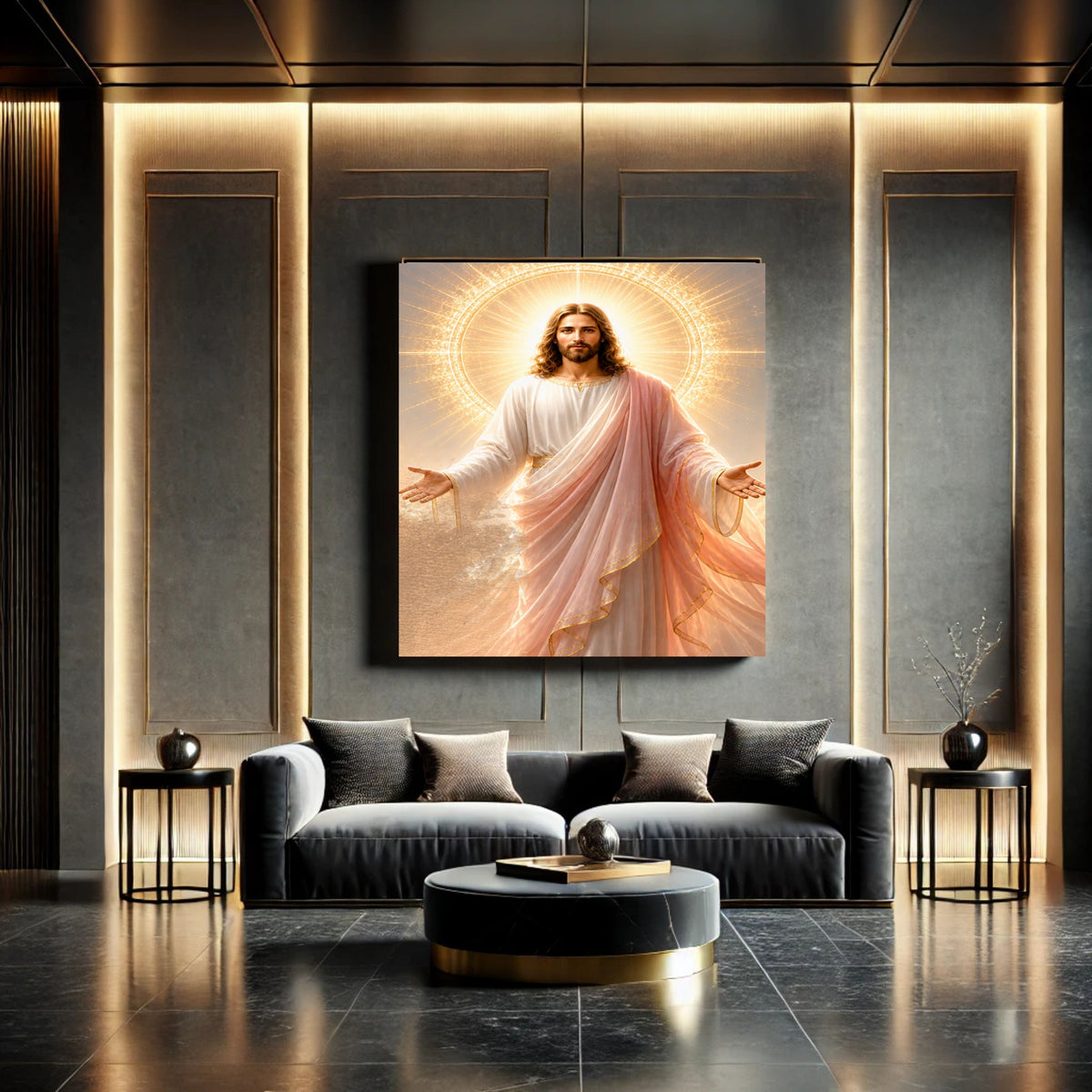 Jesus Light of the World Wall Art Printable | Smiling Direct Gaze Sunburst Cross Halo Print | Peach Mantle Gold Trim Divine Mercy Sacred Heart Decor