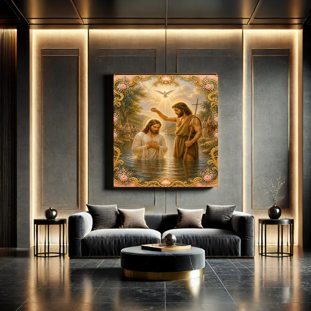 Baptism of Jesus Wall Art Printable | John the Baptist Holy Spirit Dove Jordan River Baroque Gold Floral Frame Peach Border | Christian Faith Baptism Gift Decor