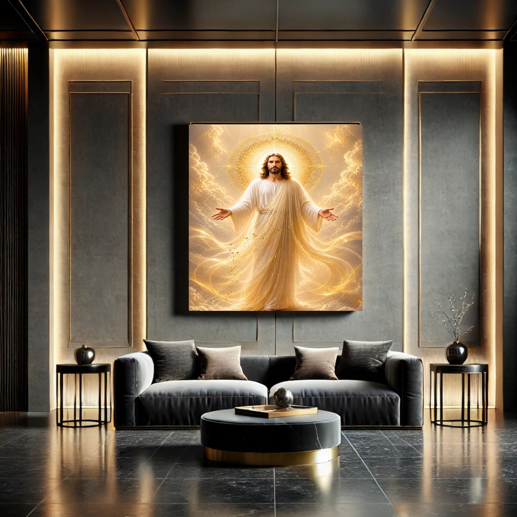 Jesus King of Glory Wall Art Printable | Heavenly Throne Room Ascended Christ Filigree Crown Halo Print | Gold Veil Mantle Blessing Hands Royal Heaven Decor