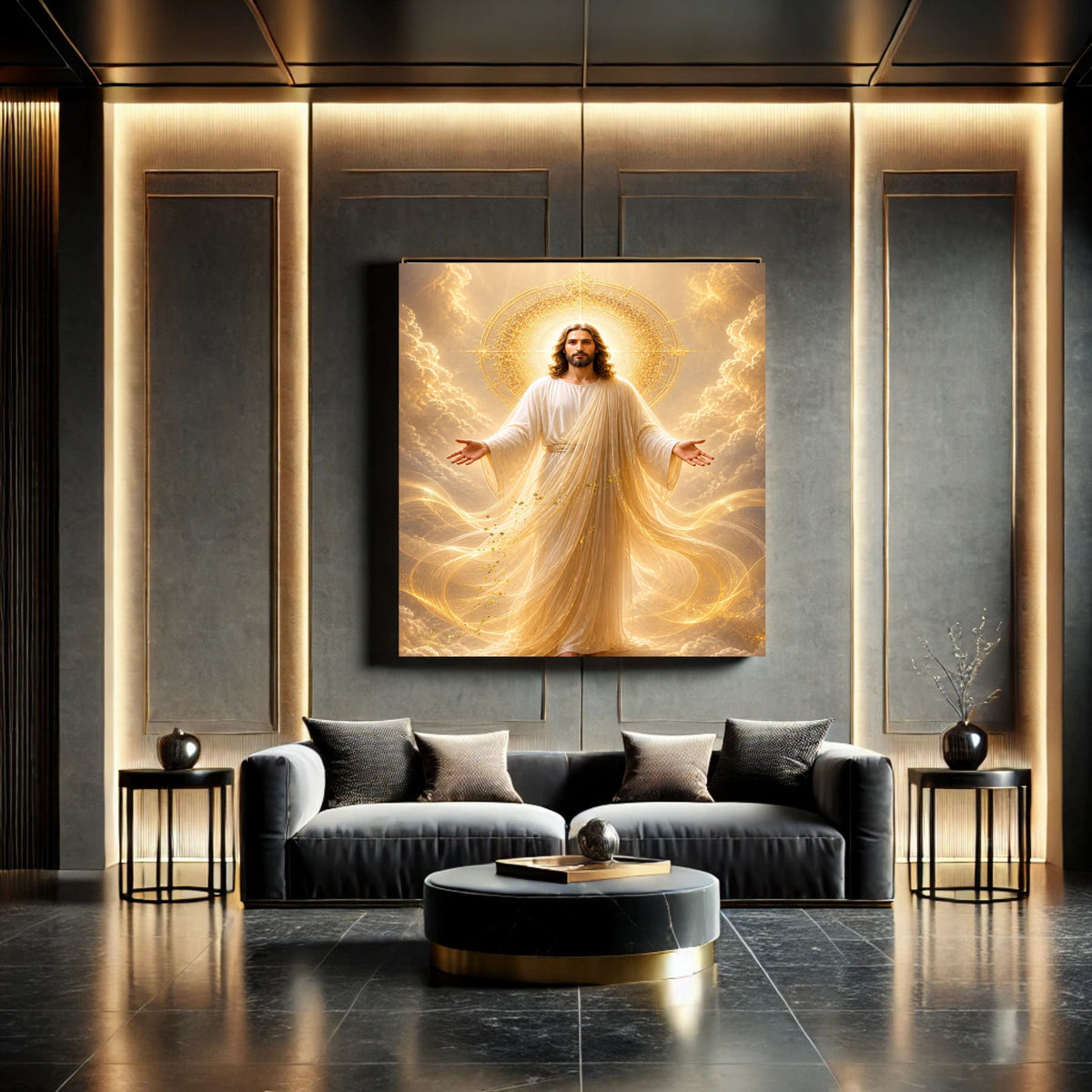 Jesus King of Glory Wall Art Printable | Heavenly Throne Room Ascended Christ Filigree Crown Halo Print | Gold Veil Mantle Blessing Hands Royal Heaven Decor