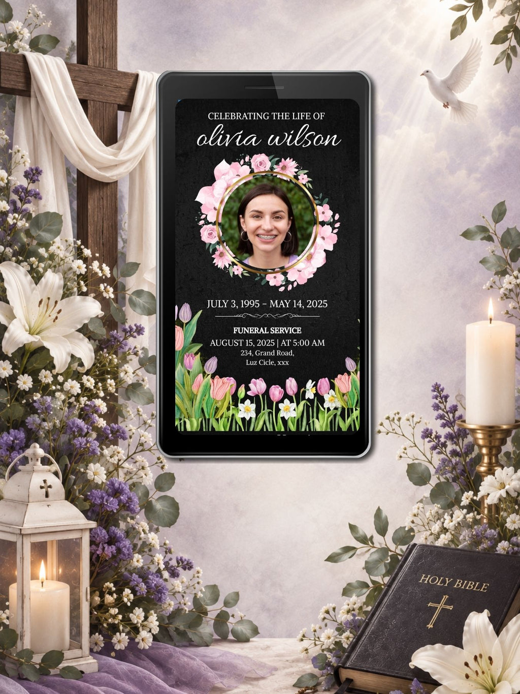 Dark Pink Tulip Wreath Funeral Service Video Invitation | Editable Canva Template | Celebrating the Life Of | Spring Floral Photo Invite | Instant Download