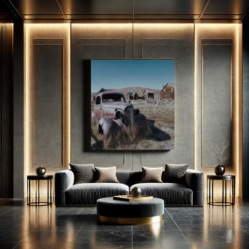 Vintage Pickup Truck Wall Art Printable, Old Western Mountain Town Scene