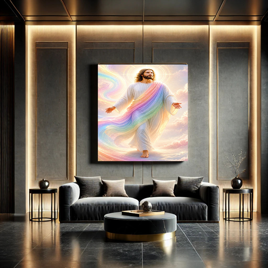 Jesus Rainbow Covenant Wall Art Printable | Iridescent Rainbow Mantle Pastel Cloud Upward Gaze Print | Hope Promise Dreamy Nursery Christian Decor