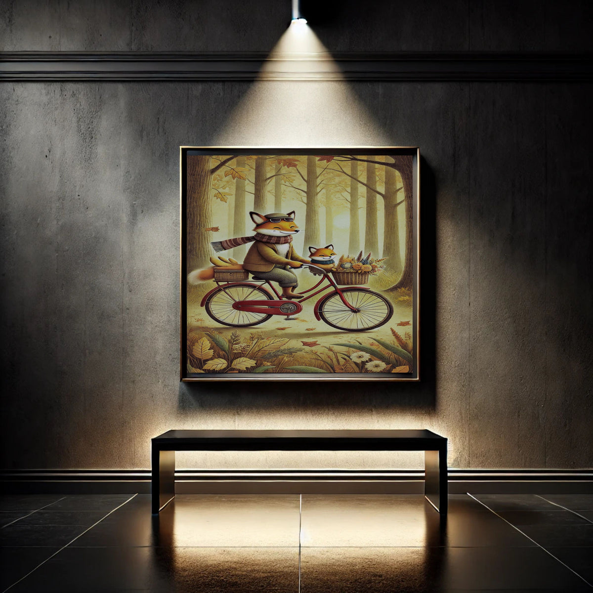 Fox Father and Kit Autumn Forest Bicycle Ride Wall Art Printable, Dapper Fox Flat Cap Scarf Vintage Red Bike Golden Woodland Kids Nursery Poster, Cosy Storybook Animal Cycling Home Decor Print, Digital Download, 300 DPI