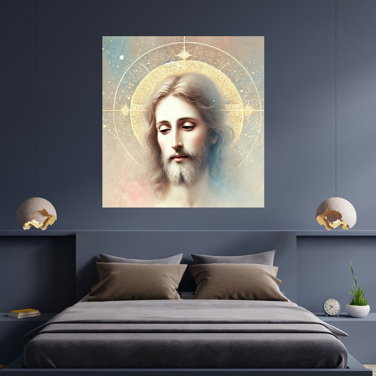 Jesus Face Portrait Wall Art Printable | Close Up Contemplative Jesus Pastel Watercolour Gold Oval Halo Four-Point Star | Christian Peaceful Face Devotional Decor Gift