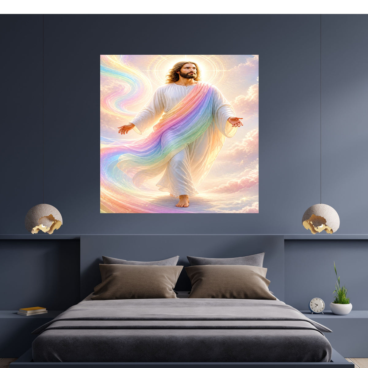 Jesus Rainbow Covenant Wall Art Printable | Iridescent Rainbow Mantle Pastel Cloud Upward Gaze Print | Hope Promise Dreamy Nursery Christian Decor