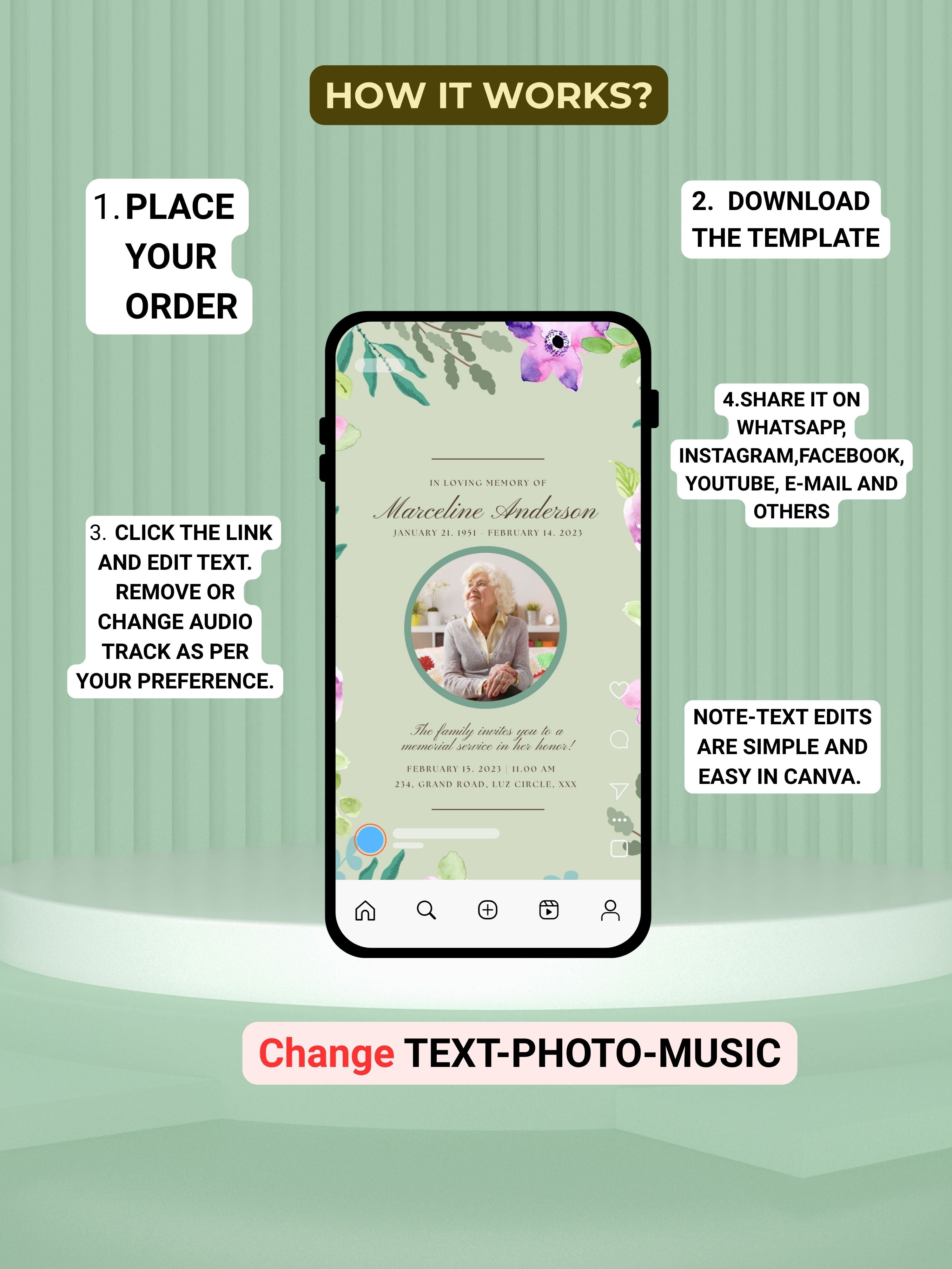 MEMORIAL SERVICE editable Invitation Video Template | Canva Celebration of Life Invite | In Loving Memory | Digital Memorial Announcement | Instant Download|ai7