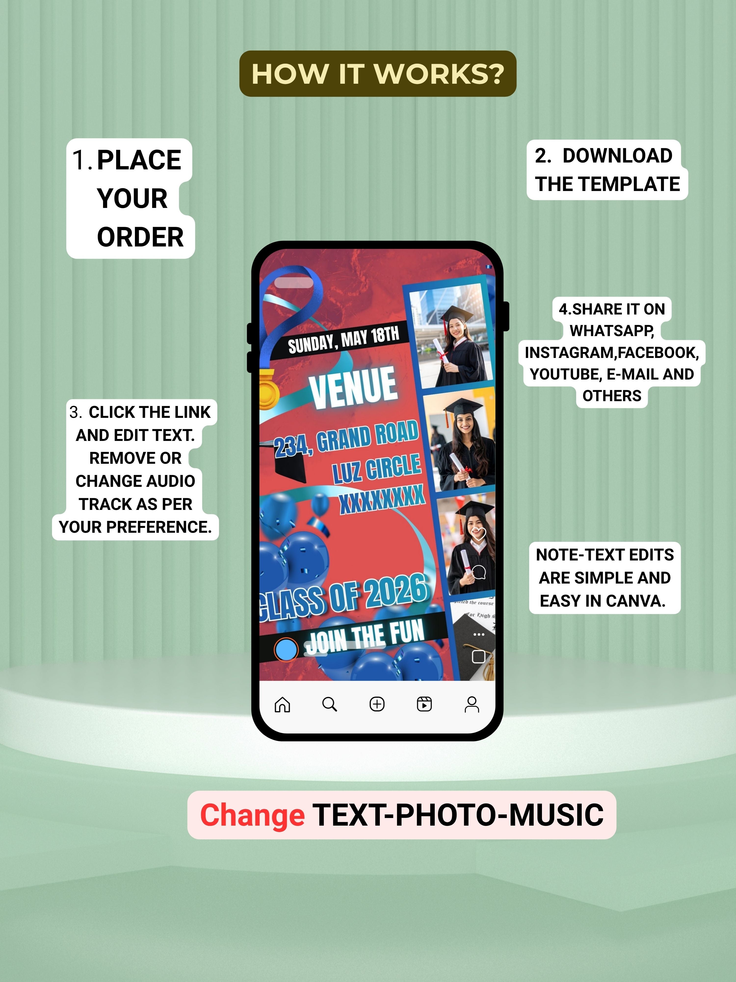 Editable GRADUATION PARTY Video Invitation | Canva Pro Template | Graduation Celebration Invite | Photo, Music, QR Code | Instant Download|ai13